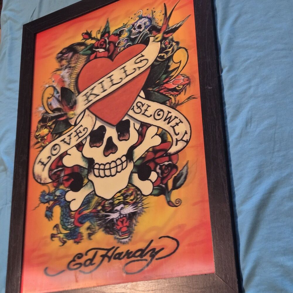 Ed Hardy Love Kills Slowly Framed Art Print Skull Tattoo Pyramid 24x18 - Picture 9 of 9